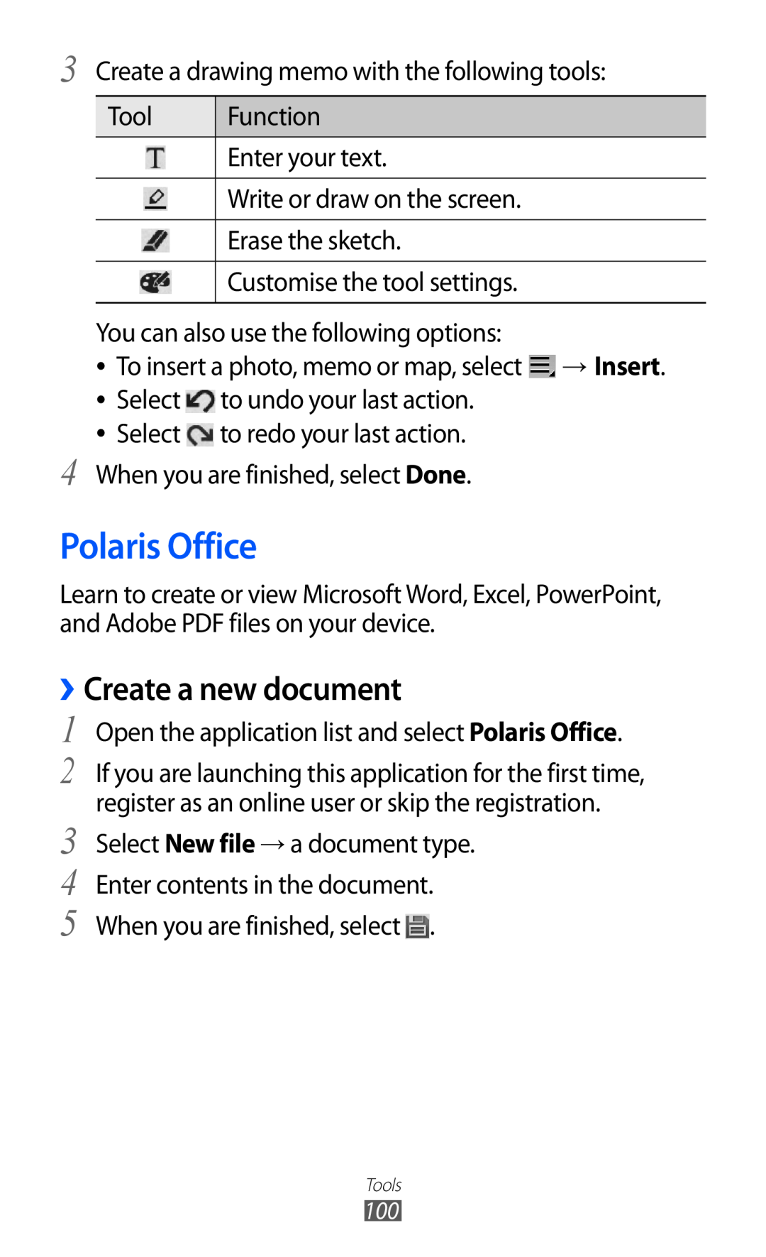 Samsung GT-P7320UWACOV, GT-P7320UWAVD2 manual Polaris Office, Create a new document, Select New file → a document type 