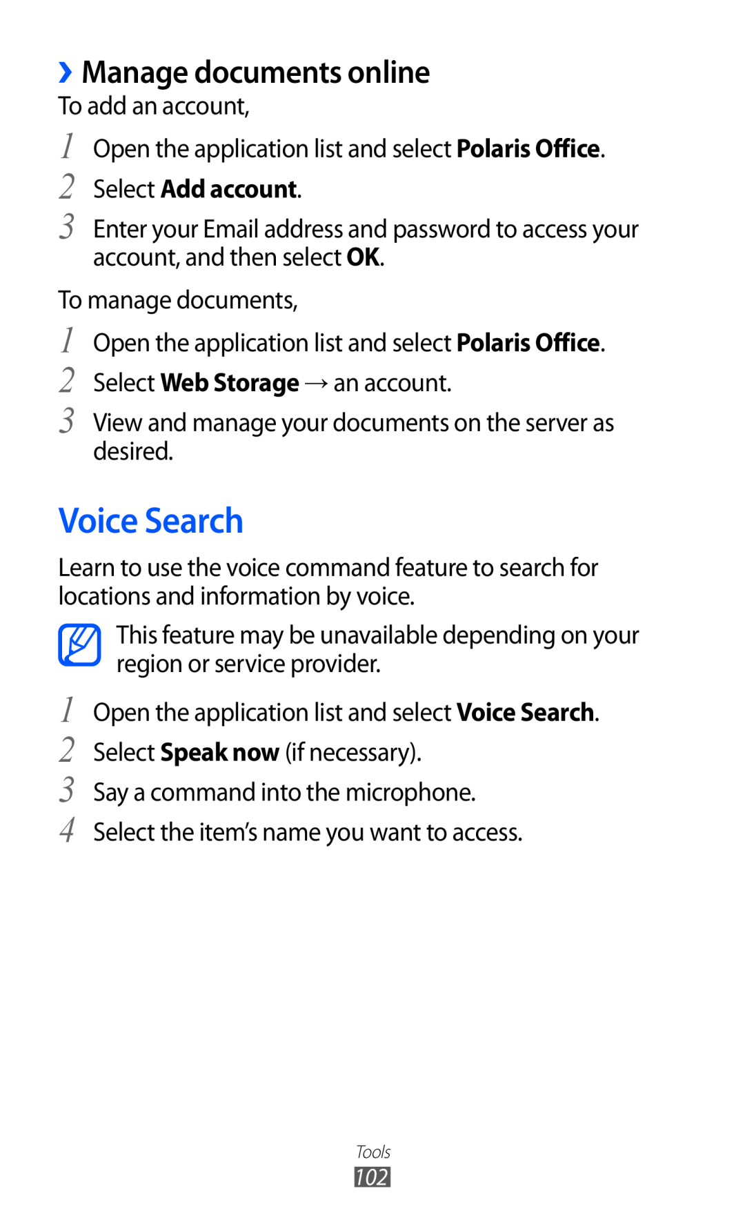 Samsung GT-P7320FKAFTM, GT-P7320UWAVD2, GT-P7320FKAOPT manual Voice Search, ››Manage documents online, Select Add account 