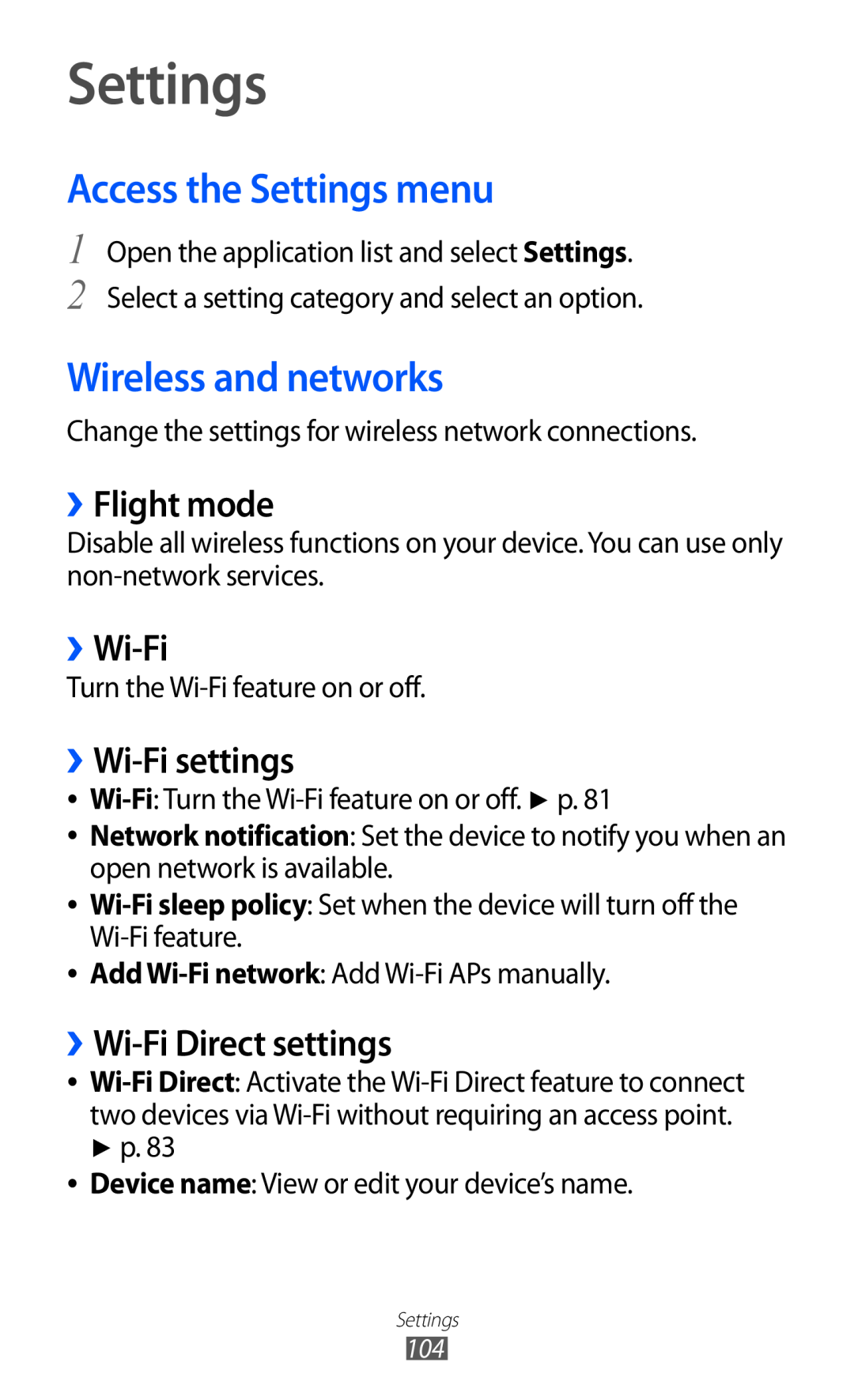 Samsung GT-P7320FKAOMN manual Access the Settings menu, Wireless and networks, ››Flight mode, ››Wi-Fi settings 