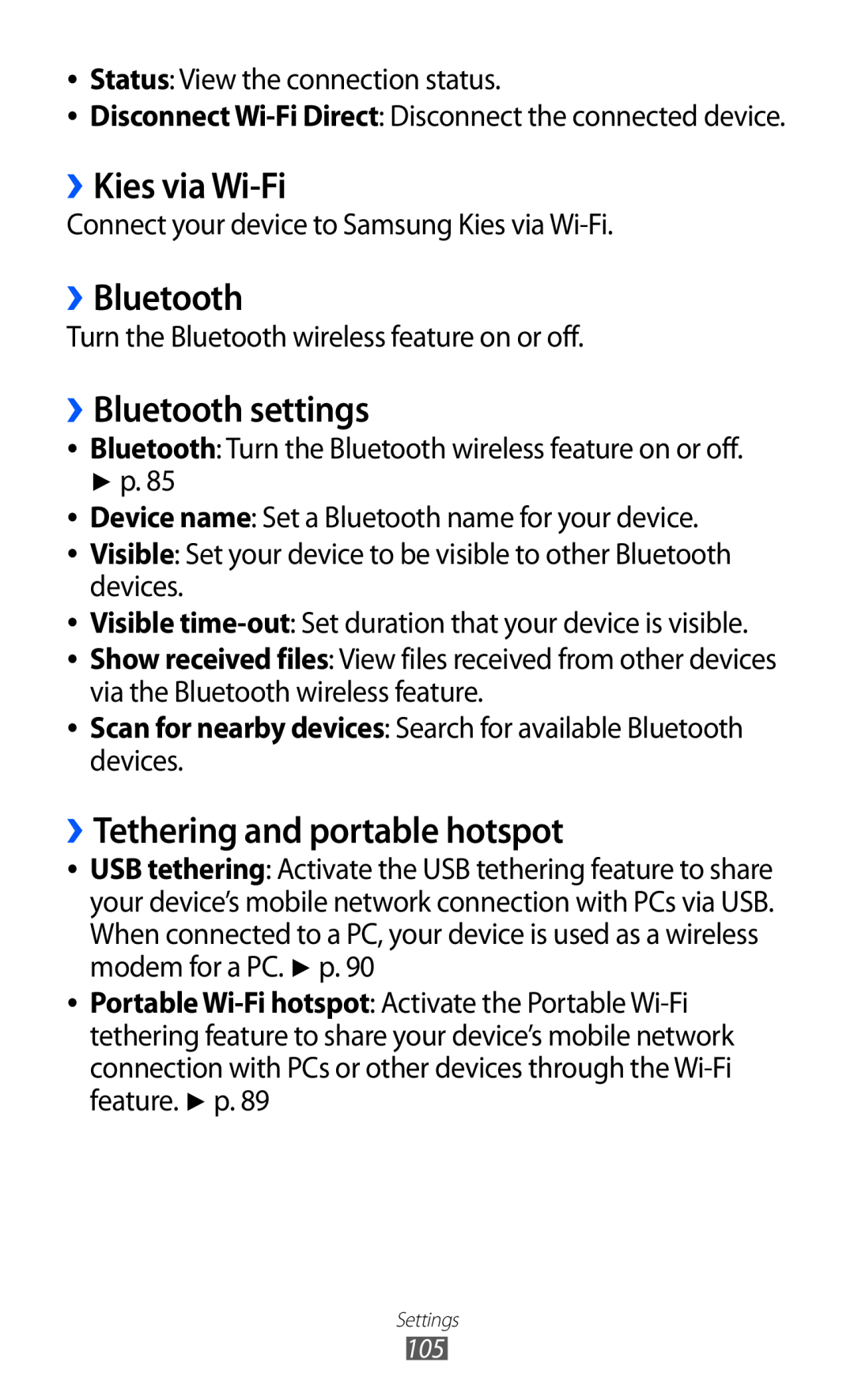 Samsung GT-P7320UWATIM, GT-P7320UWAVD2 manual ››Kies via Wi-Fi, ››Bluetooth settings, ››Tethering and portable hotspot 