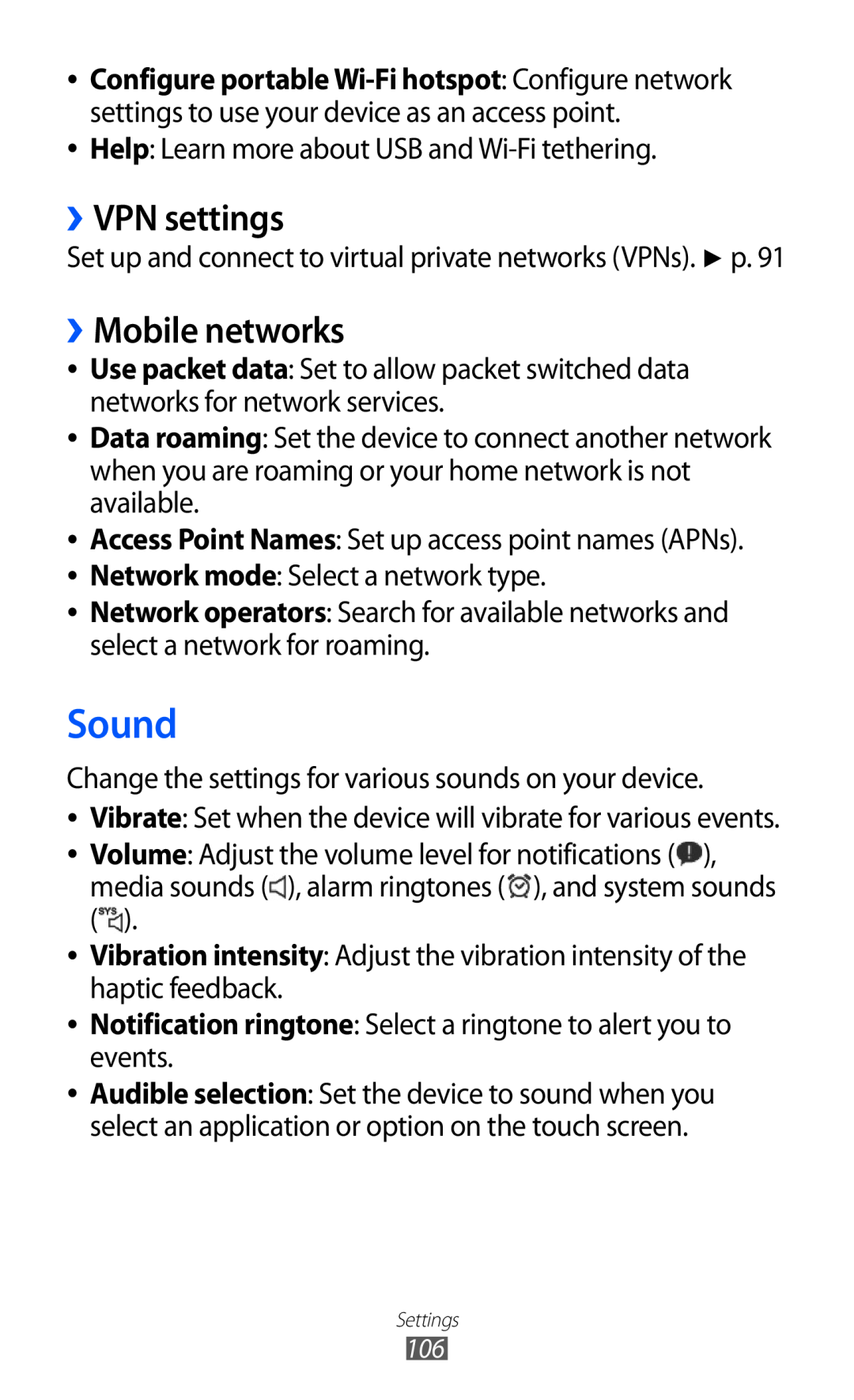 Samsung GT-P7320UWAOMN, GT-P7320UWAVD2, GT-P7320FKAOPT, GT-P7320FKATMN manual Sound, ››VPN settings, ››Mobile networks 