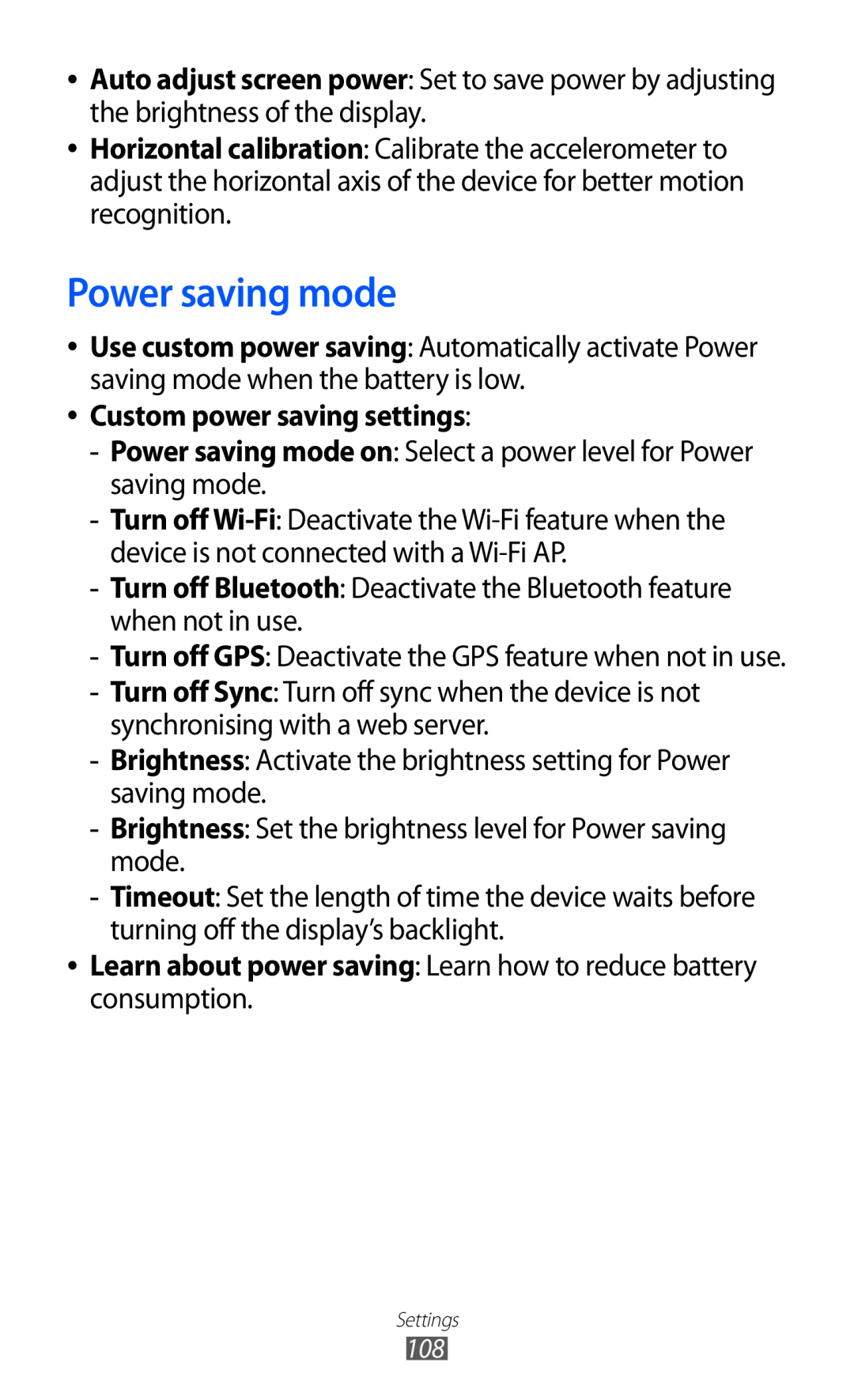 Samsung GT-P7320FKAVIP, GT-P7320UWAVD2, GT-P7320FKAOPT, GT-P7320FKATMN manual Power saving mode, Custom power saving settings 
