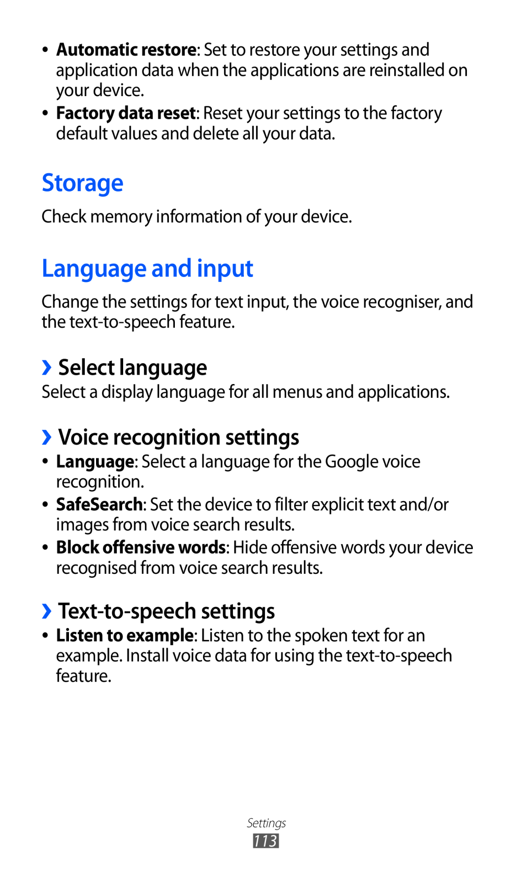 Samsung GT-P7320UWAELS, GT-P7320UWAVD2 manual Storage, Language and input, ››Select language, ››Voice recognition settings 