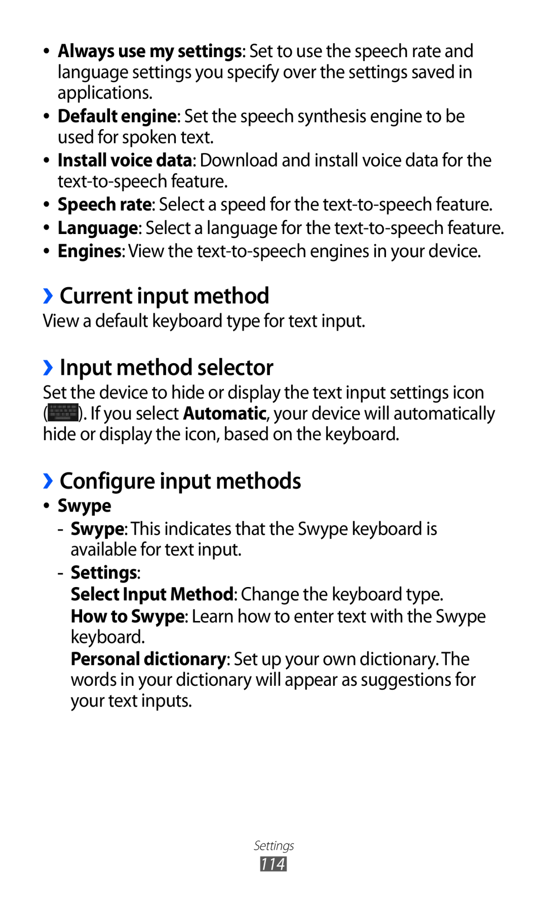 Samsung GT-P7320UWAPAN manual ››Current input method, ››Input method selector, ››Configure input methods, Swype, Settings 