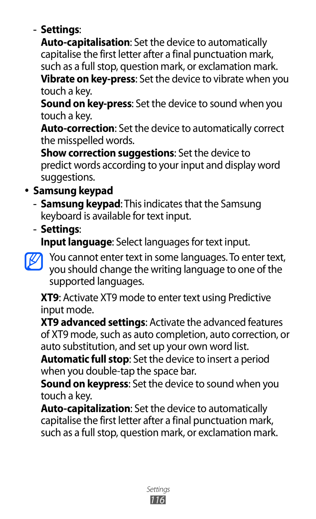 Samsung GT-P7320FKAPAN manual Samsung keypad, Settings, Sound on key-press Set the device to sound when you touch a key 