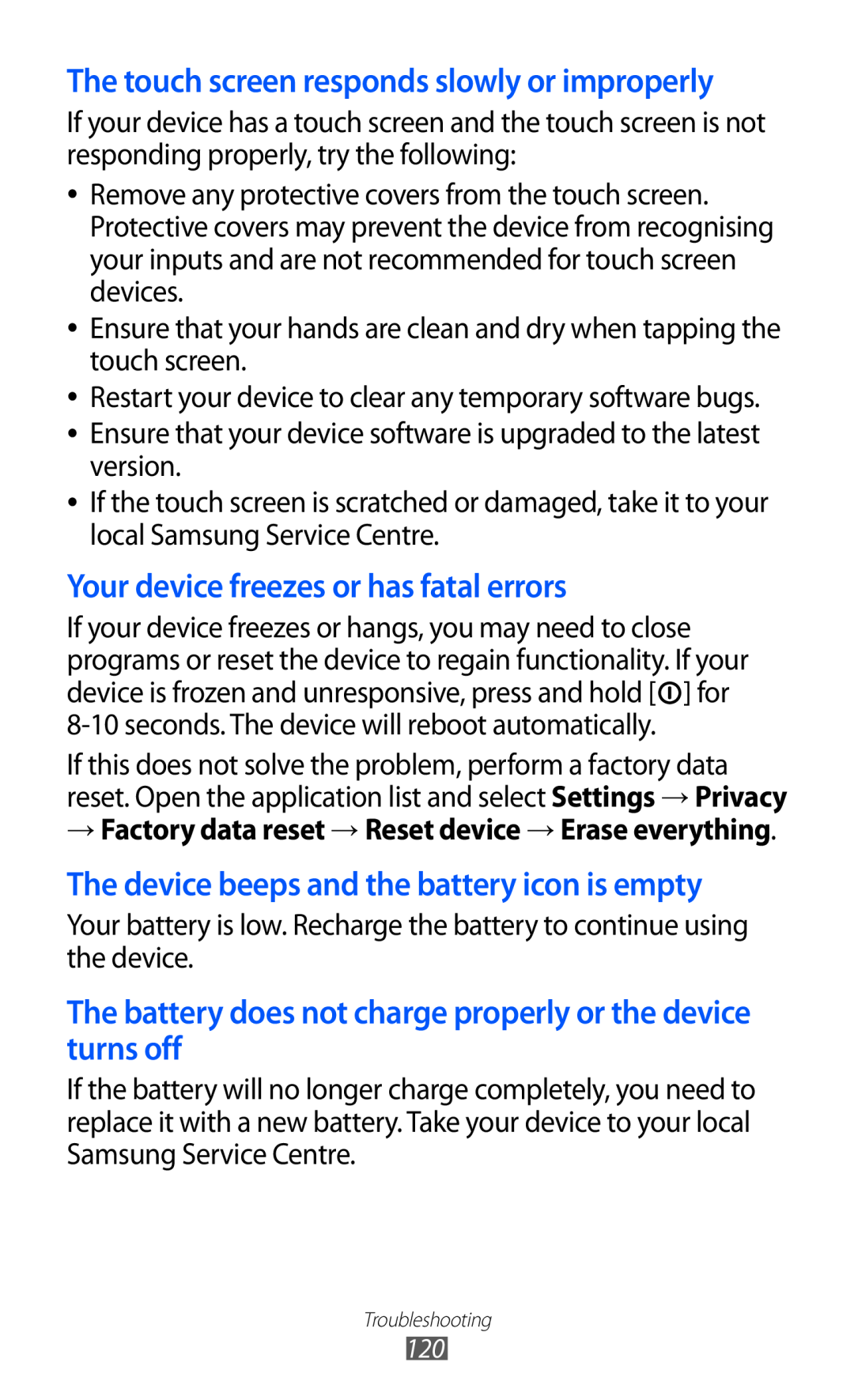 Samsung GT-P7320UWAVD2 manual Your device freezes or has fatal errors, The device beeps and the battery icon is empty 