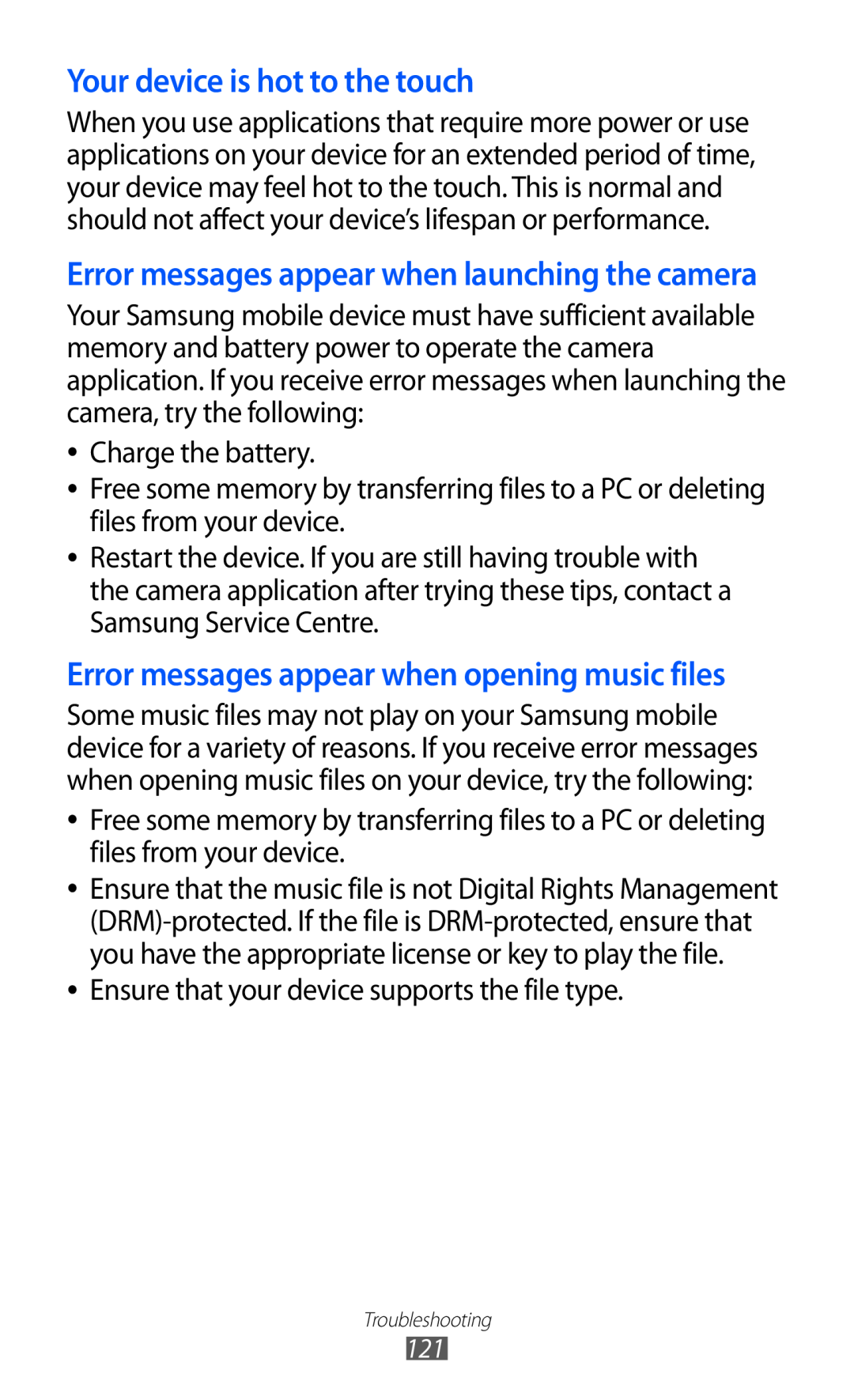 Samsung GT-P7320FKAOPT, GT-P7320UWAVD2 Your device is hot to the touch, Error messages appear when opening music files 