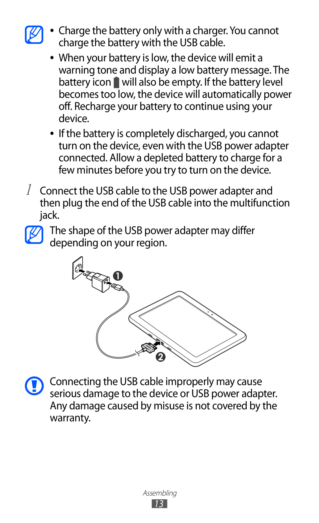 Samsung GT-P7320UWAPOL, GT-P7320UWAVD2 manual The shape of the USB power adapter may differ depending on your region 