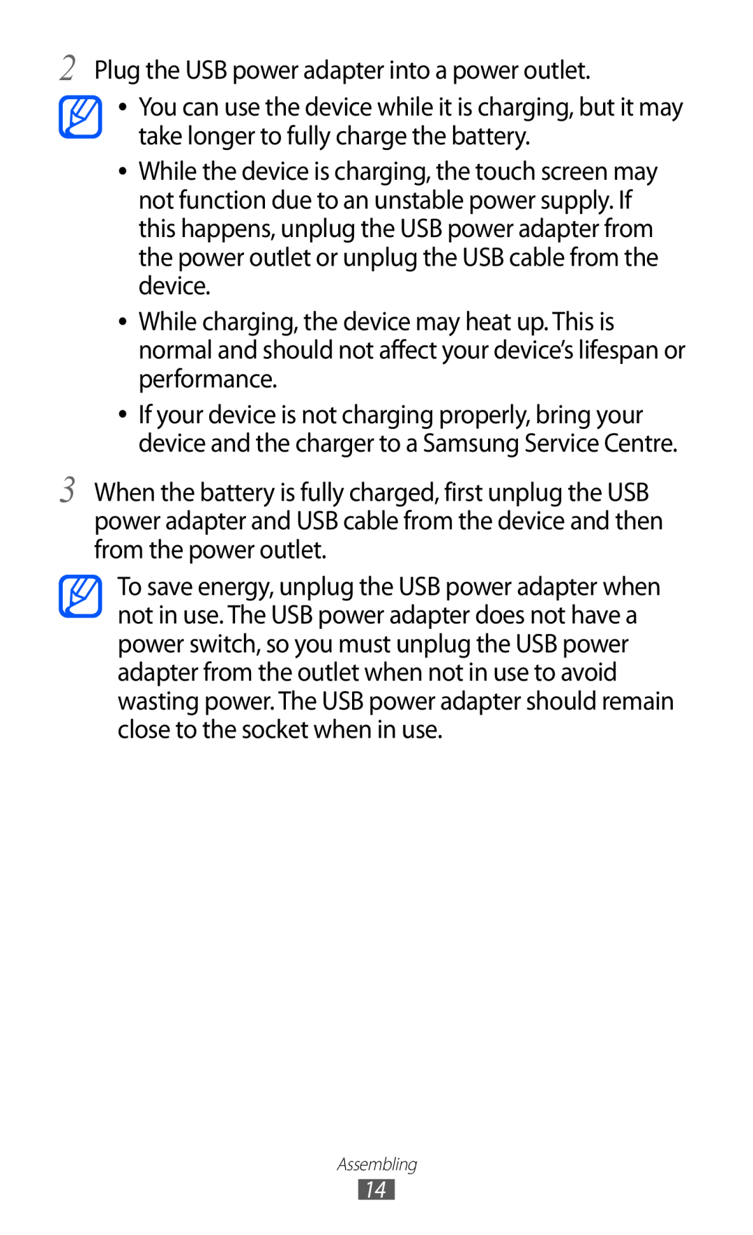 Samsung GT-P7320UWANEE, GT-P7320UWAVD2, GT-P7320FKAOPT, GT-P7320FKATMN manual Plug the USB power adapter into a power outlet 