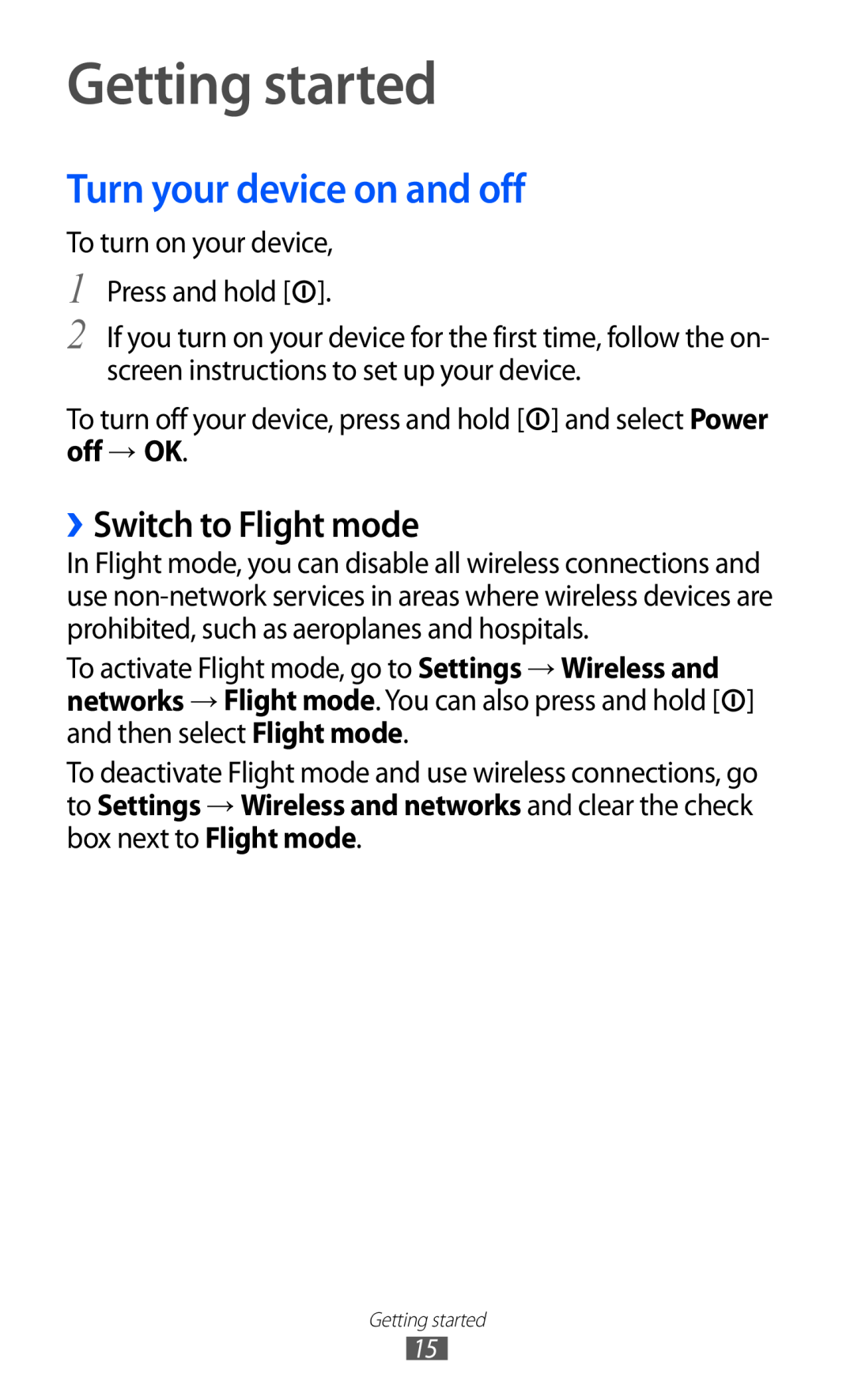 Samsung GT-P7320FKANEE, GT-P7320UWAVD2 manual Getting started, Turn your device on and off, ››Switch to Flight mode 
