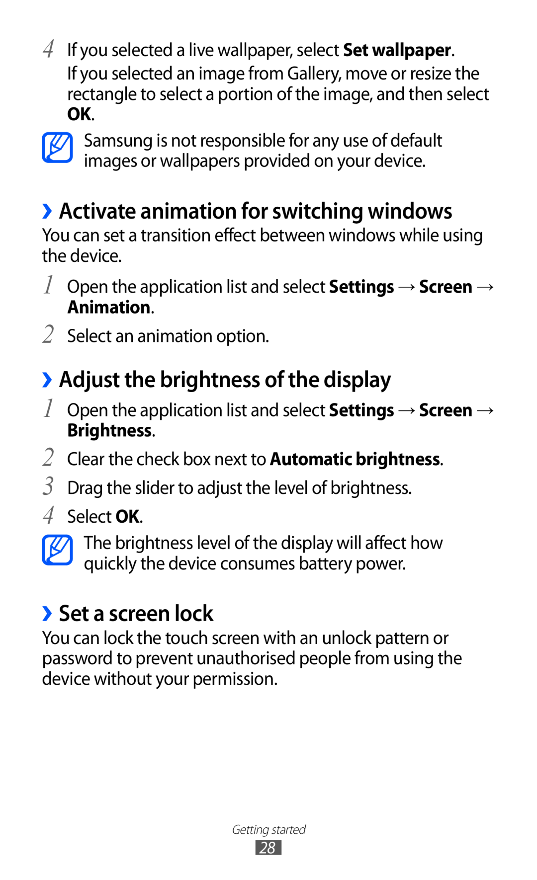 Samsung GT-P7320UWACOV, GT-P7320UWAVD2 ››Activate animation for switching windows, ››Adjust the brightness of the display 