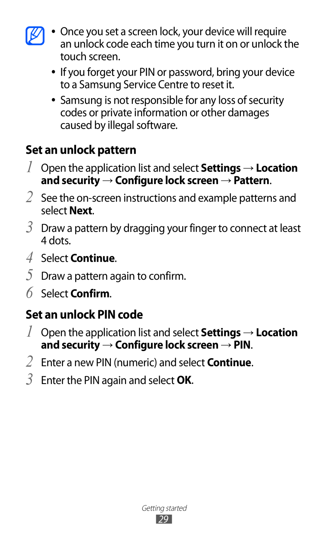 Samsung GT-P7320UWAFTM, GT-P7320UWAVD2, GT-P7320FKAOPT, GT-P7320FKATMN manual Set an unlock pattern, Set an unlock PIN code 
