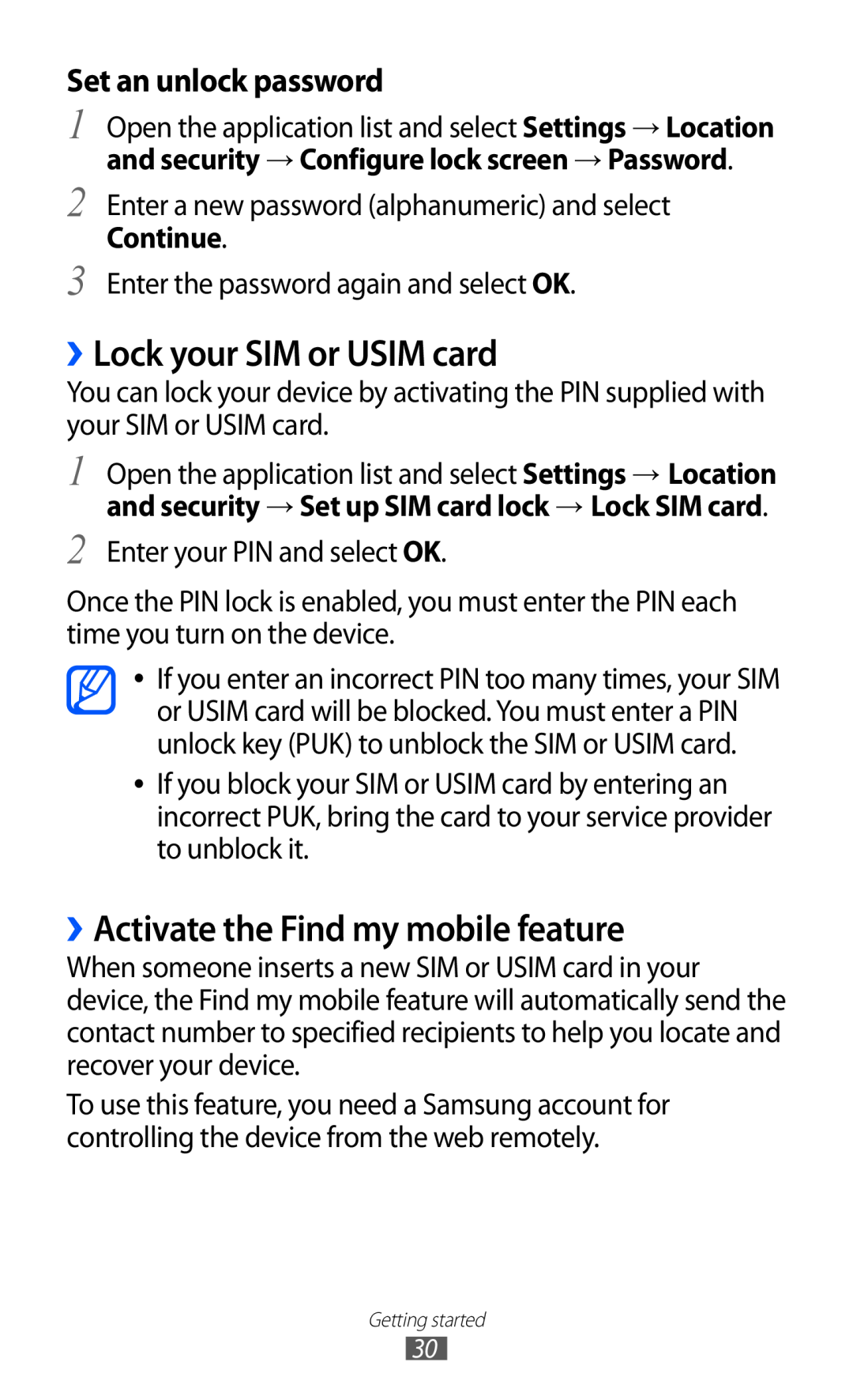 Samsung GT-P7320FKAFTM manual ››Lock your SIM or USIM card, ››Activate the Find my mobile feature, Set an unlock password 