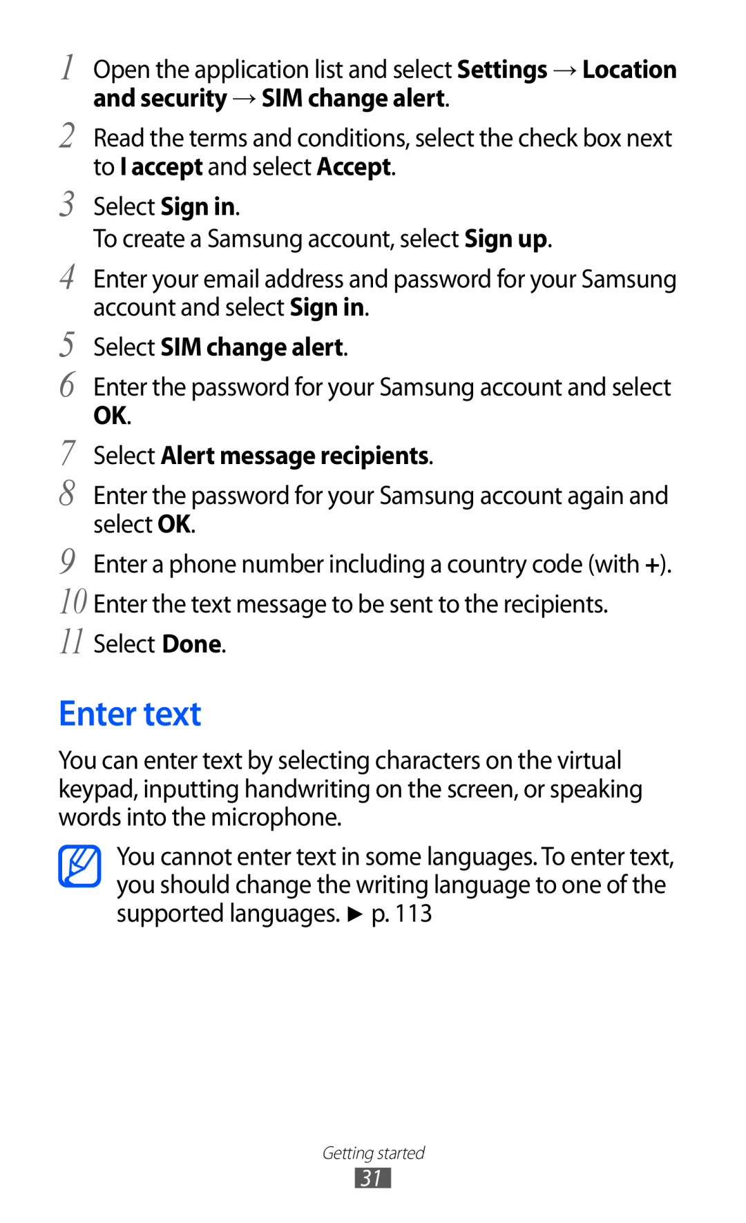 Samsung GT-P7320FKATCL, GT-P7320UWAVD2, GT-P7320FKAOPT Enter text, and security → SIM change alert, Select SIM change alert 