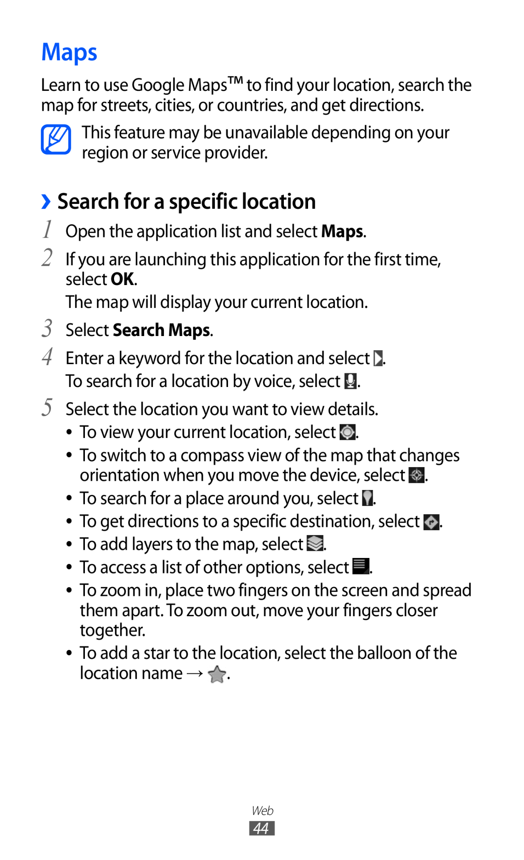 Samsung GT-P7320FKAPAN, GT-P7320UWAVD2, GT-P7320FKAOPT manual Search for a specific location, Select Search Maps 
