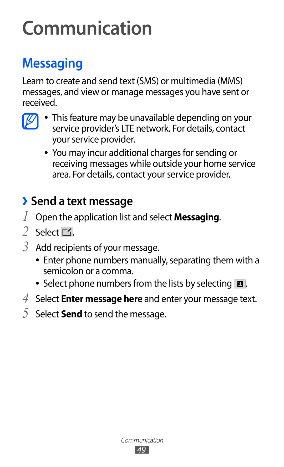 Samsung GT-P7320FKAOPT, GT-P7320UWAVD2, GT-P7320FKATMN, GT-P7320UWADTM manual Communication, Messaging, ››Send a text message 