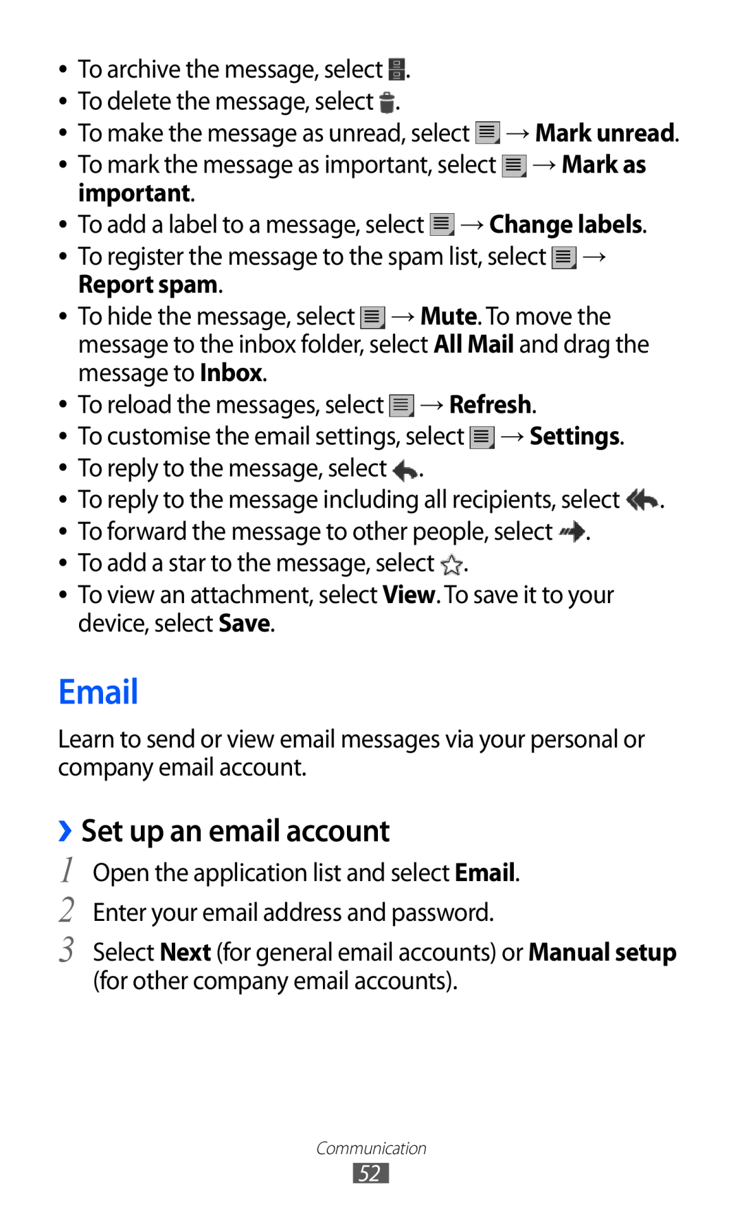 Samsung GT-P7320UWACOV, GT-P7320UWAVD2, GT-P7320FKAOPT manual ››Set up an email account, Report spam, → Refresh, → Settings 