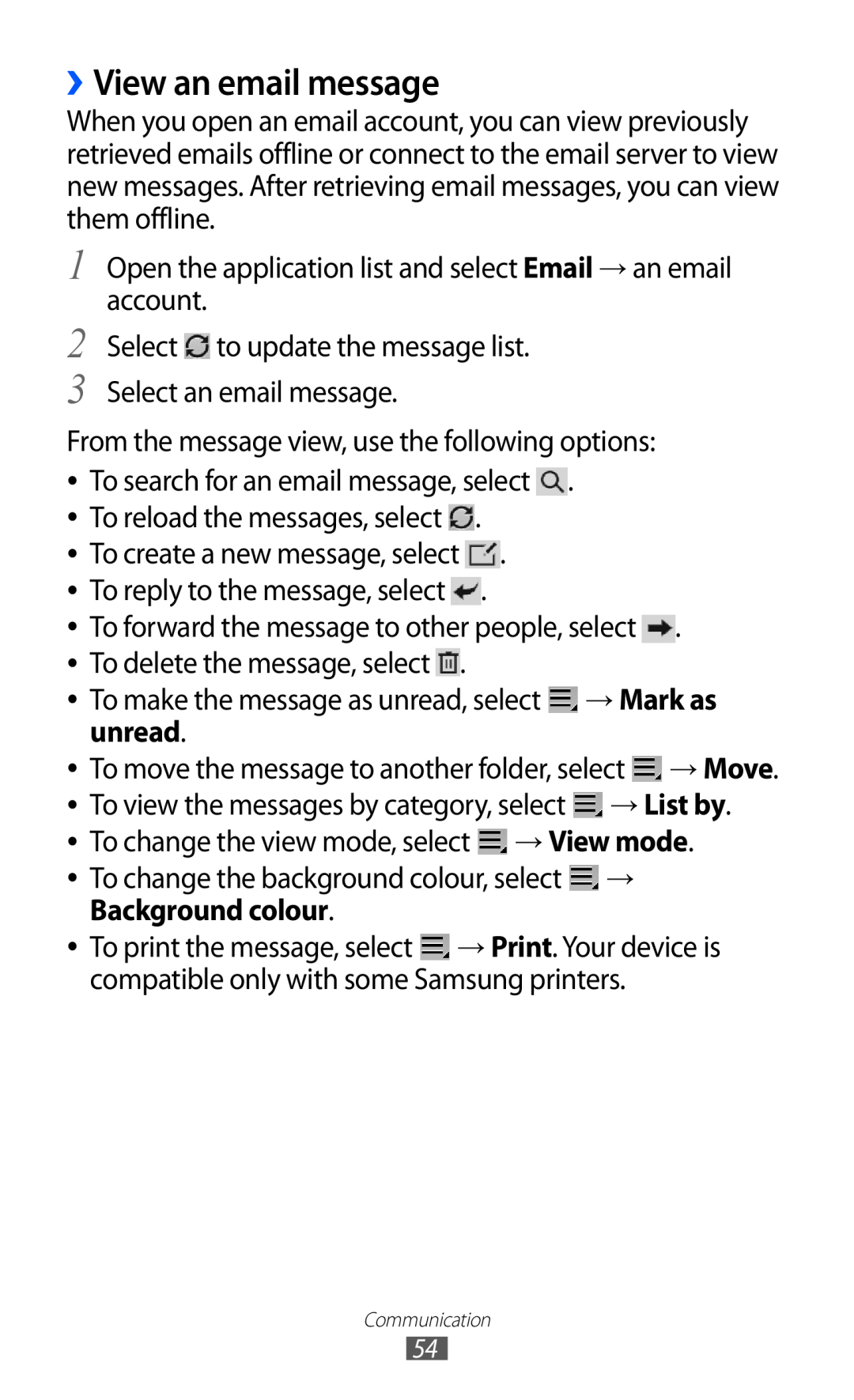 Samsung GT-P7320FKAFTM, GT-P7320UWAVD2, GT-P7320FKAOPT, GT-P7320FKATMN manual ››View an email message, Background colour 