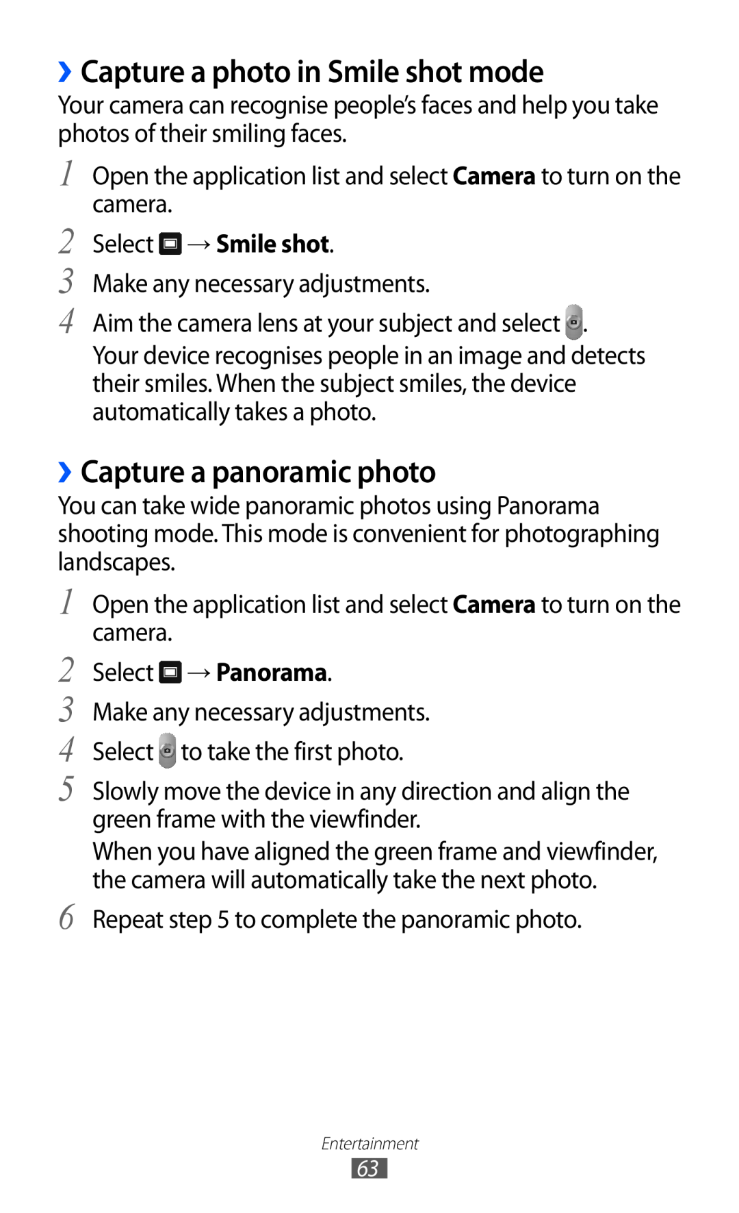 Samsung GT-P7320FKANEE manual ››Capture a photo in Smile shot mode, ››Capture a panoramic photo, Select → Smile shot 