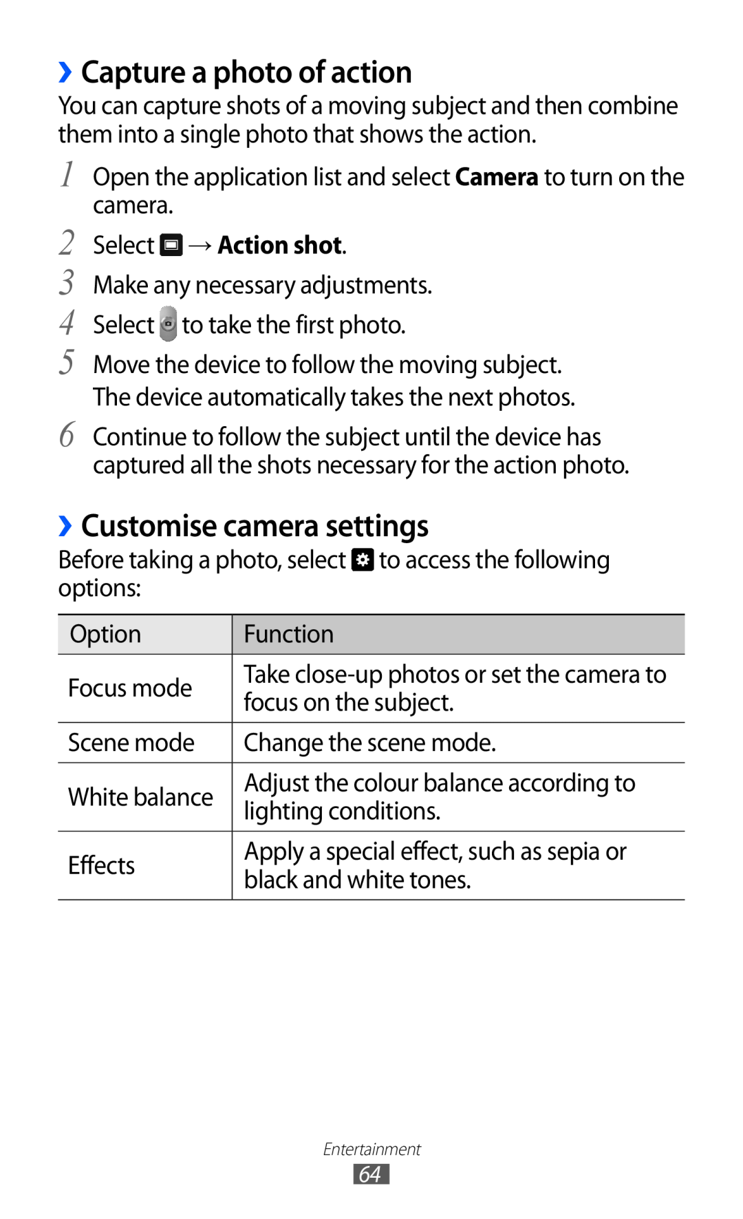 Samsung GT-P7320UWATSF, GT-P7320UWAVD2 manual ››Capture a photo of action, ››Customise camera settings, Select → Action shot 