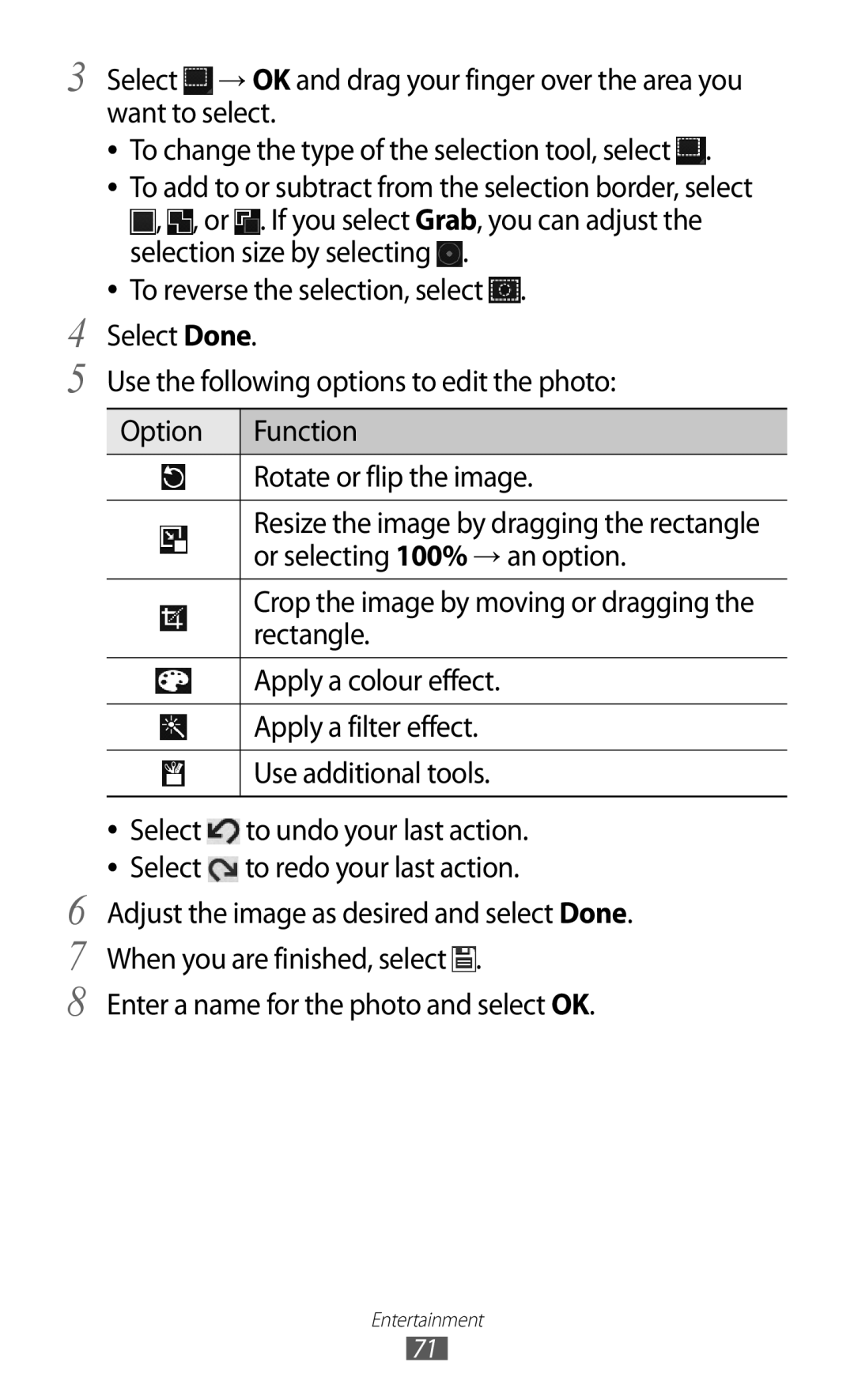 Samsung GT-P7320FKAMGF manual Resize the image by dragging the rectangle, Crop the image by moving or dragging the 
