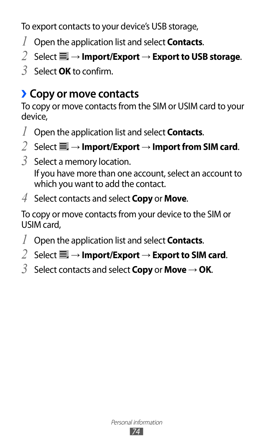 Samsung GT-P7320FKATMN, GT-P7320UWAVD2 manual ››Copy or move contacts, Select → Import/Export → Export to USB storage 