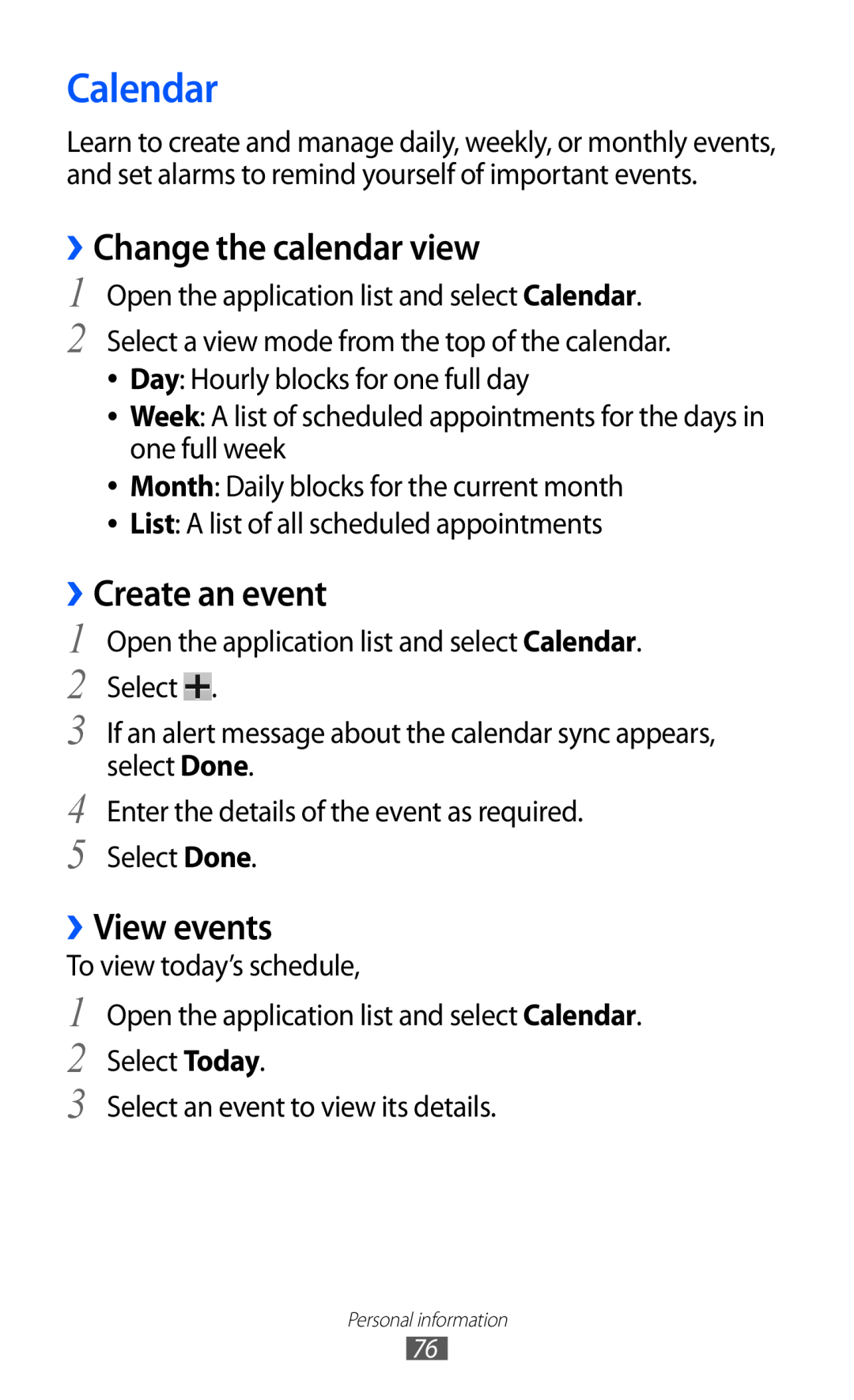Samsung GT-P7320UWACOV, GT-P7320UWAVD2 manual Calendar, ››Change the calendar view, ››Create an event, ››View events 