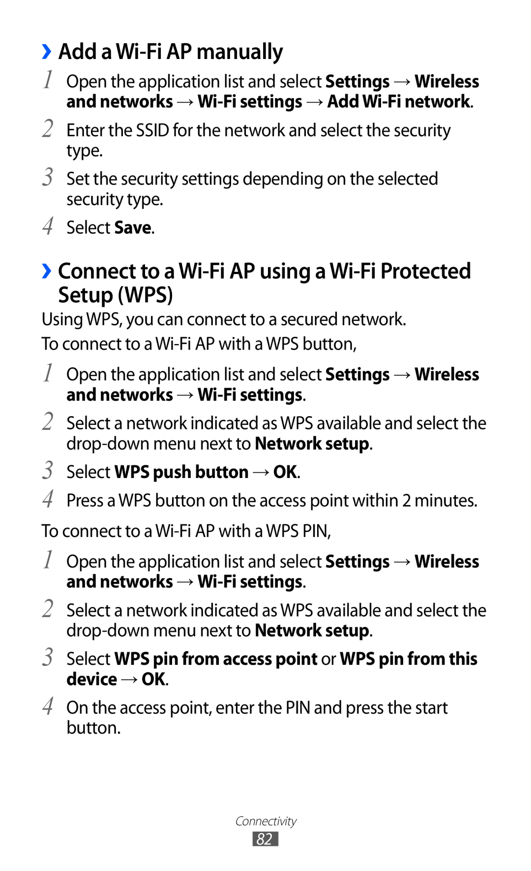Samsung GT-P7320UWAOMN ››Add a Wi-Fi AP manually, Setup WPS, ››Connect to a Wi-Fi AP using a Wi-Fi Protected 