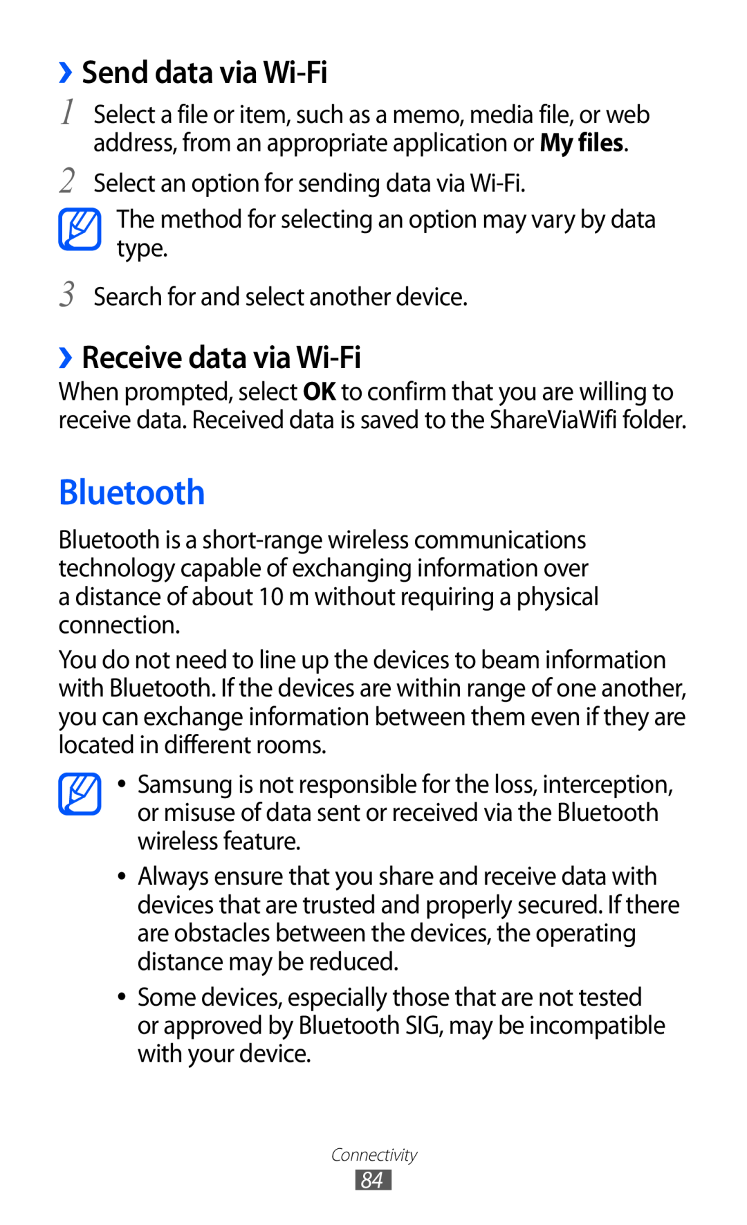 Samsung GT-P7320FKAVIP, GT-P7320UWAVD2, GT-P7320FKAOPT manual Bluetooth, ››Send data via Wi-Fi, ››Receive data via Wi-Fi 