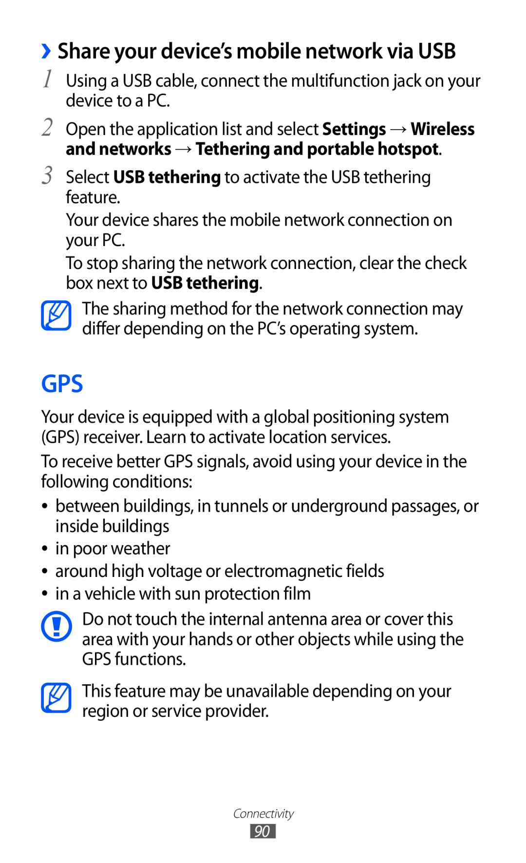 Samsung GT-P7320UWAPAN, GT-P7320UWAVD2, GT-P7320FKAOPT, GT-P7320FKATMN manual ››Share your device’s mobile network via USB 