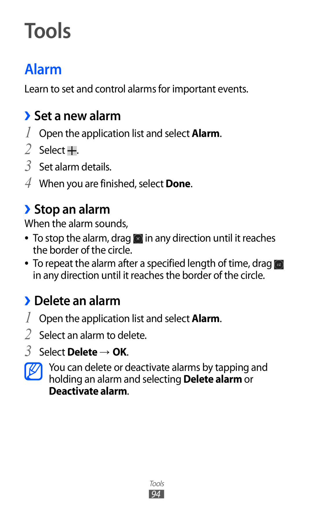 Samsung GT-P7320UWAMGF manual Tools, Alarm, ››Set a new alarm, ››Stop an alarm, ››Delete an alarm, Select Delete → OK 
