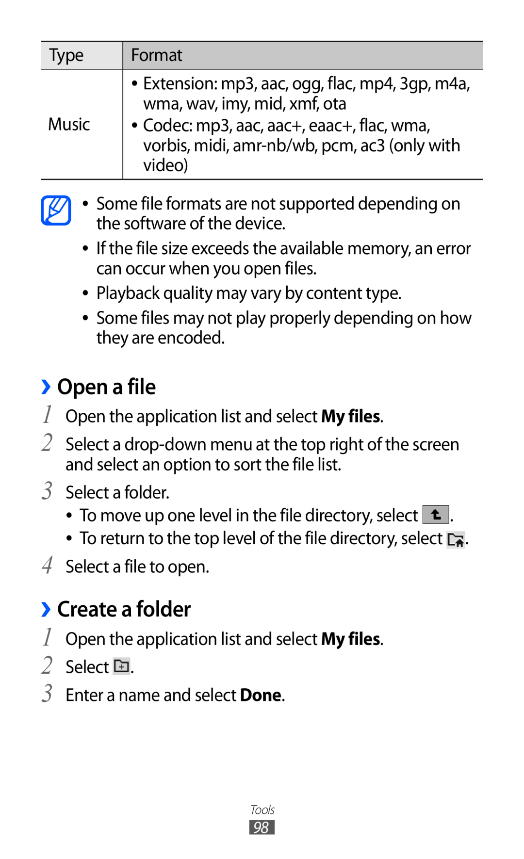 Samsung GT-P7320FKATMN, GT-P7320UWAVD2 manual ››Open a file, ››Create a folder, Codec mp3, aac, aac+, eaac+, flac, wma 
