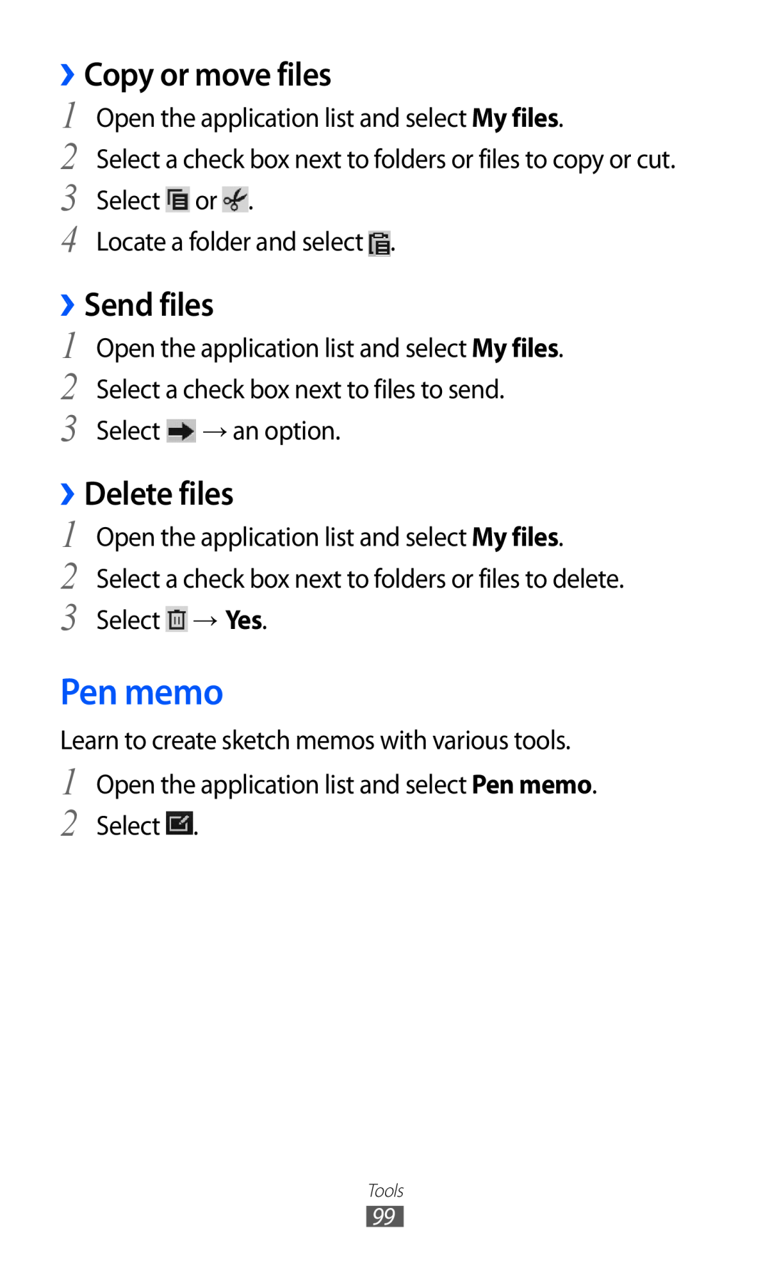 Samsung GT-P7320UWADTM, GT-P7320UWAVD2, GT-P7320FKAOPT manual Pen memo, Copy or move files, ››Send files, ››Delete files 