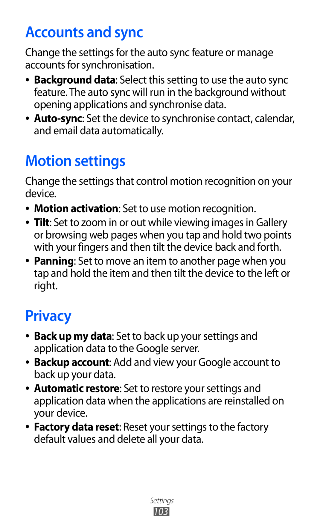 Samsung GT-P7500 user manual Accounts and sync, Motion settings, Privacy 