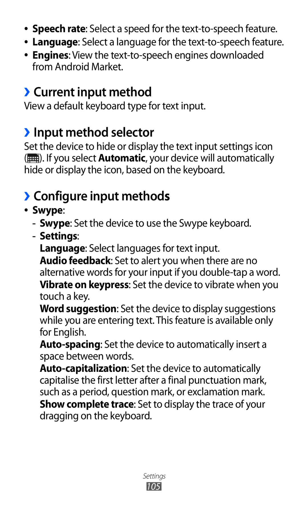 Samsung GT-P7500 user manual ››Current input method, ››Input method selector, ››Configure input methods, Swype 