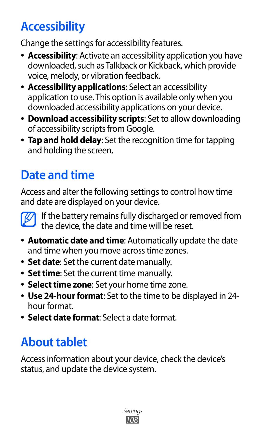 Samsung GT-P7500 user manual Accessibility, Date and time, About tablet 