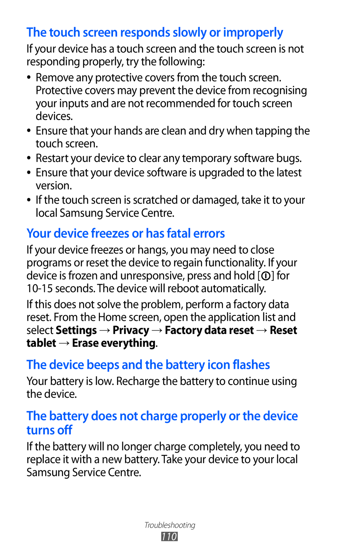 Samsung GT-P7500 user manual Device beeps and the battery icon flashes 