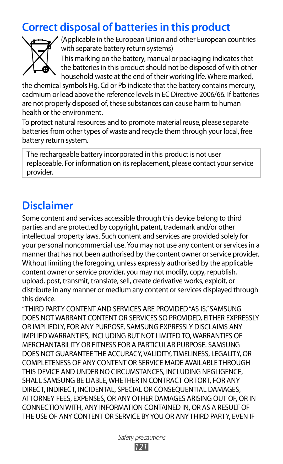 Samsung GT-P7500 user manual Correct disposal of batteries in this product 