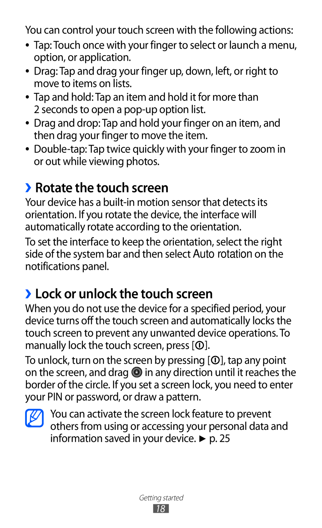 Samsung GT-P7500 user manual ››Rotate the touch screen, ››Lock or unlock the touch screen 