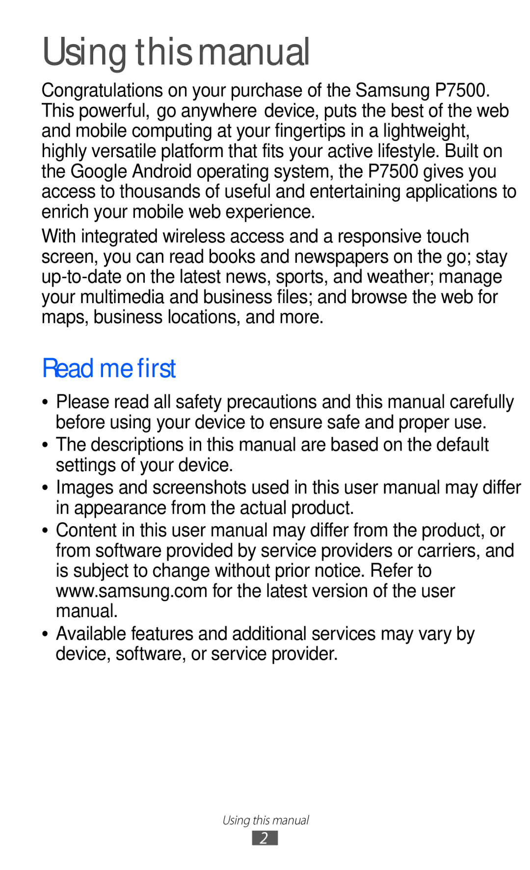 Samsung GT-P7500 user manual Using this manual, Read me first 