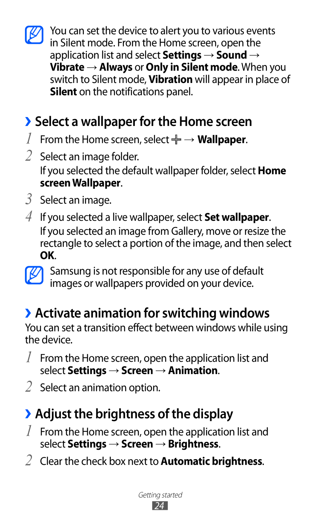 Samsung GT-P7500 user manual ››Select a wallpaper for the Home screen, ››Activate animation for switching windows 
