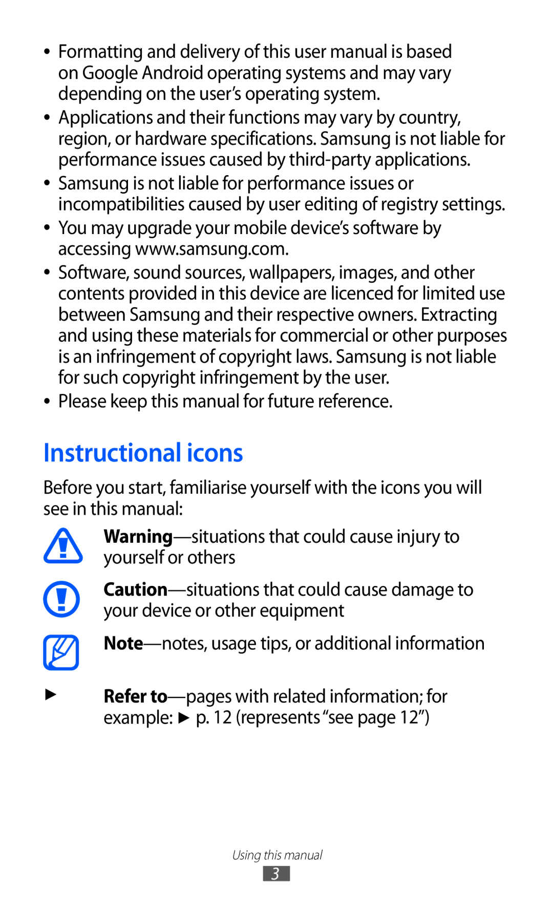 Samsung GT-P7500 user manual Instructional icons, Please keep this manual for future reference 