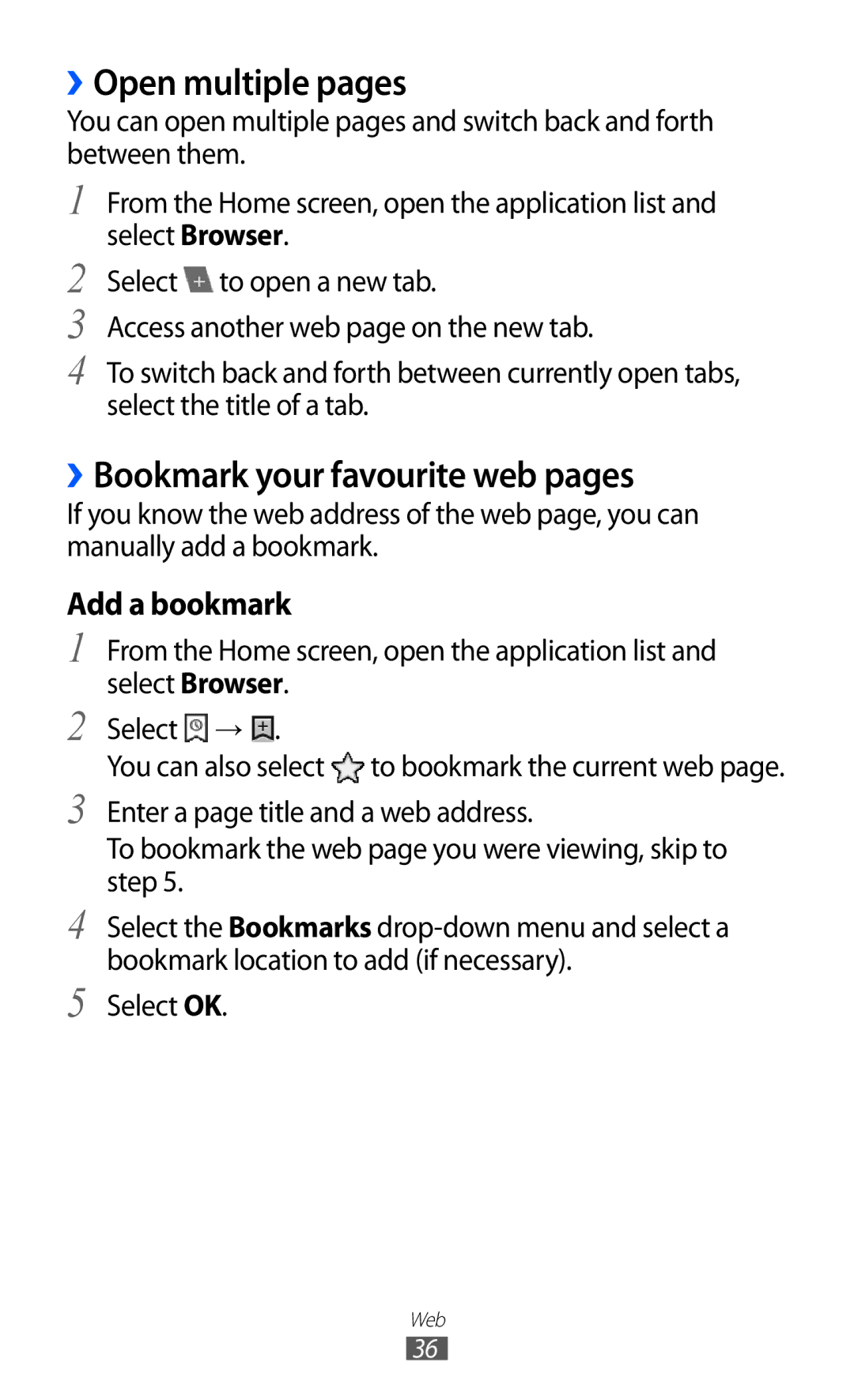 Samsung GT-P7500 user manual ››Open multiple pages, ››Bookmark your favourite web pages 