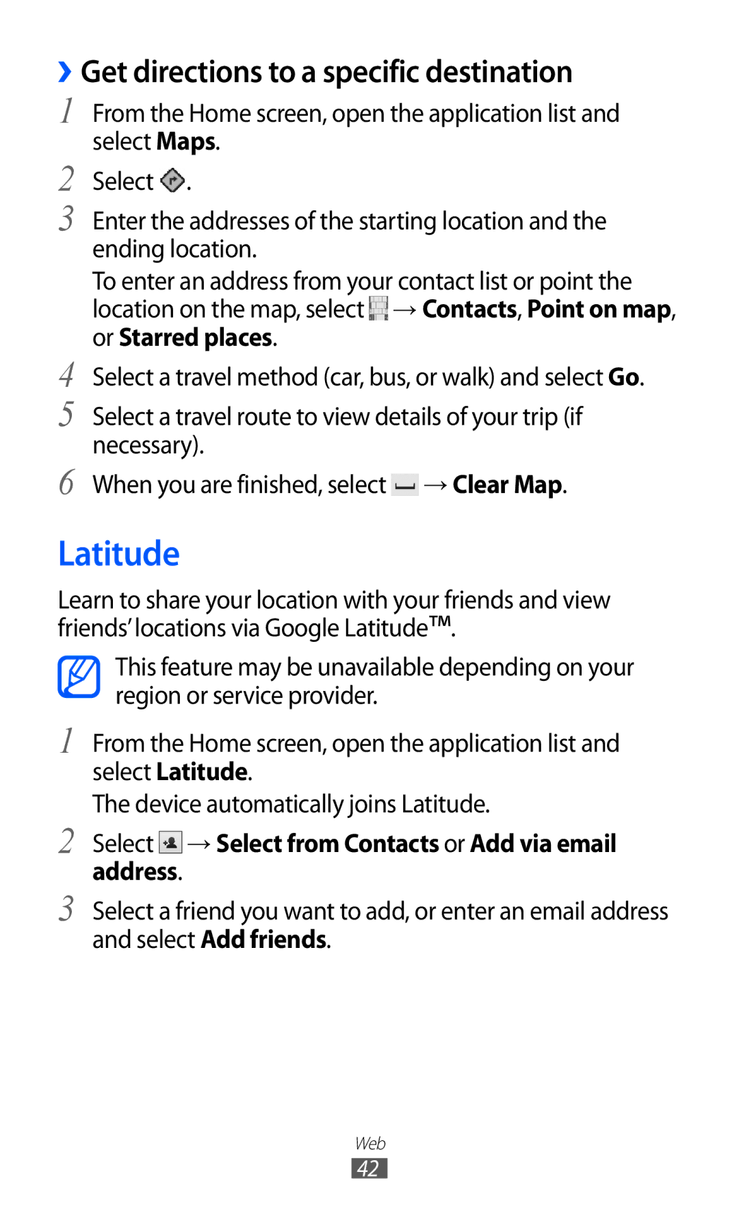 Samsung GT-P7500 user manual Latitude, ››Get directions to a specific destination 