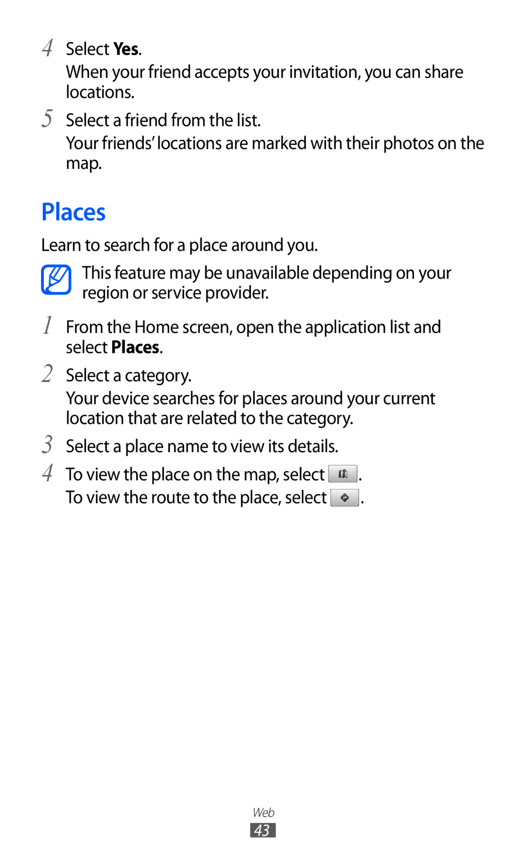 Samsung GT-P7500 user manual Places, Learn to search for a place around you, Region or service provider 