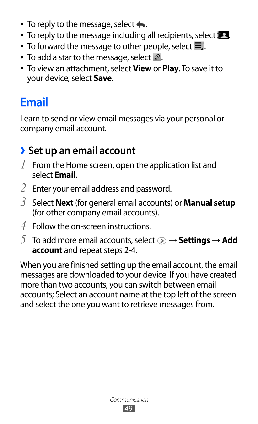 Samsung GT-P7500 user manual ››Set up an email account, To reply to the message, select 