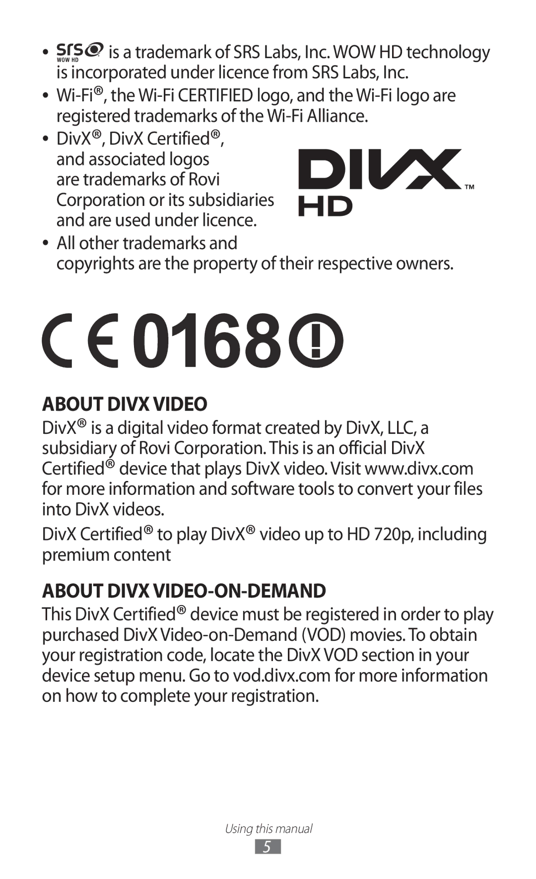 Samsung GT-P7500 user manual DivX, DivX Certified 