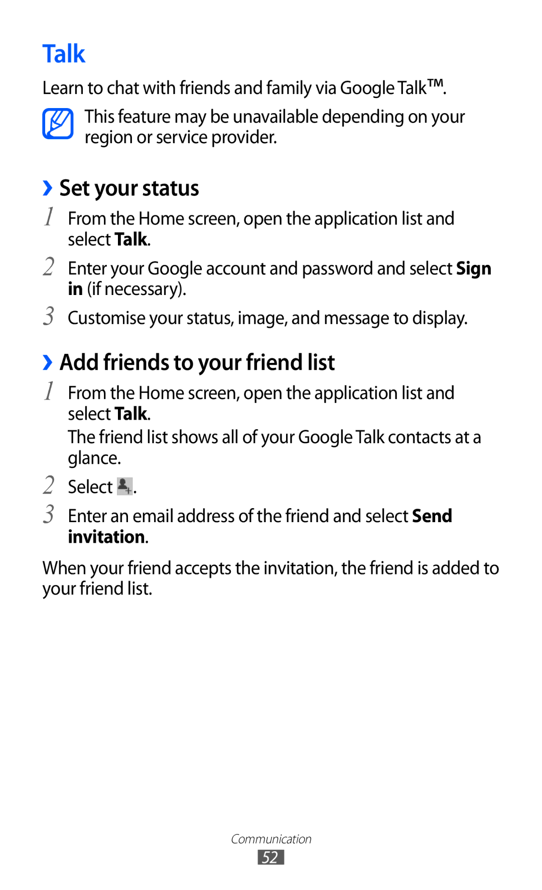 Samsung GT-P7500 user manual Talk, ››Set your status, ››Add friends to your friend list 