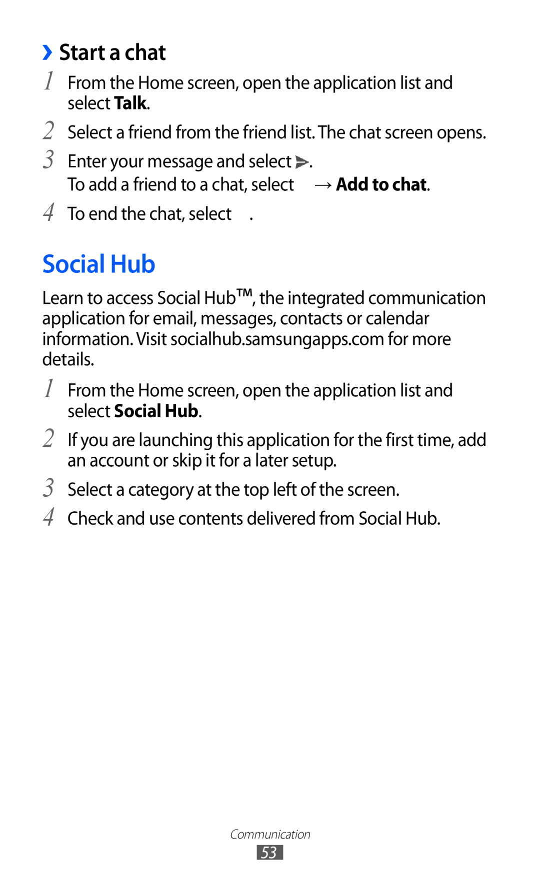 Samsung GT-P7500 user manual Social Hub, ››Start a chat 