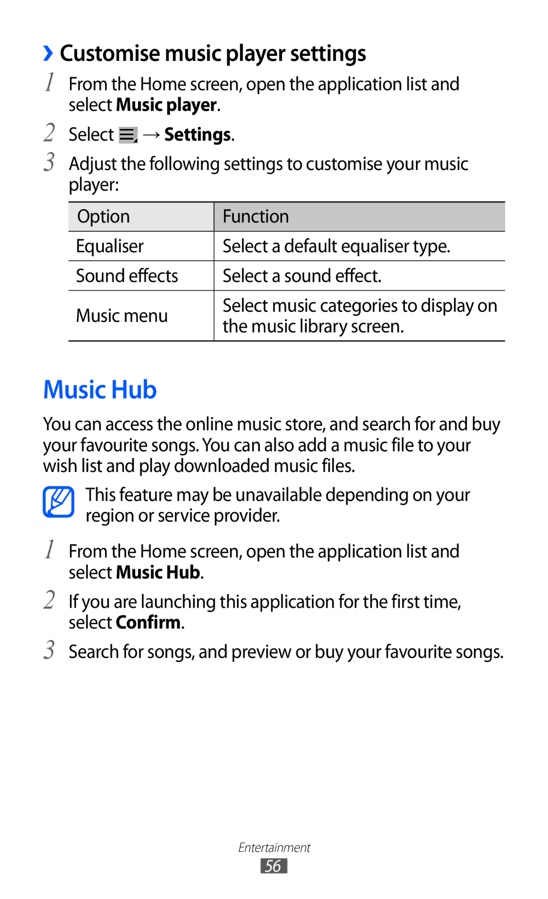 Samsung GT-P7500 user manual Music Hub, ››Customise music player settings, Music library screen 